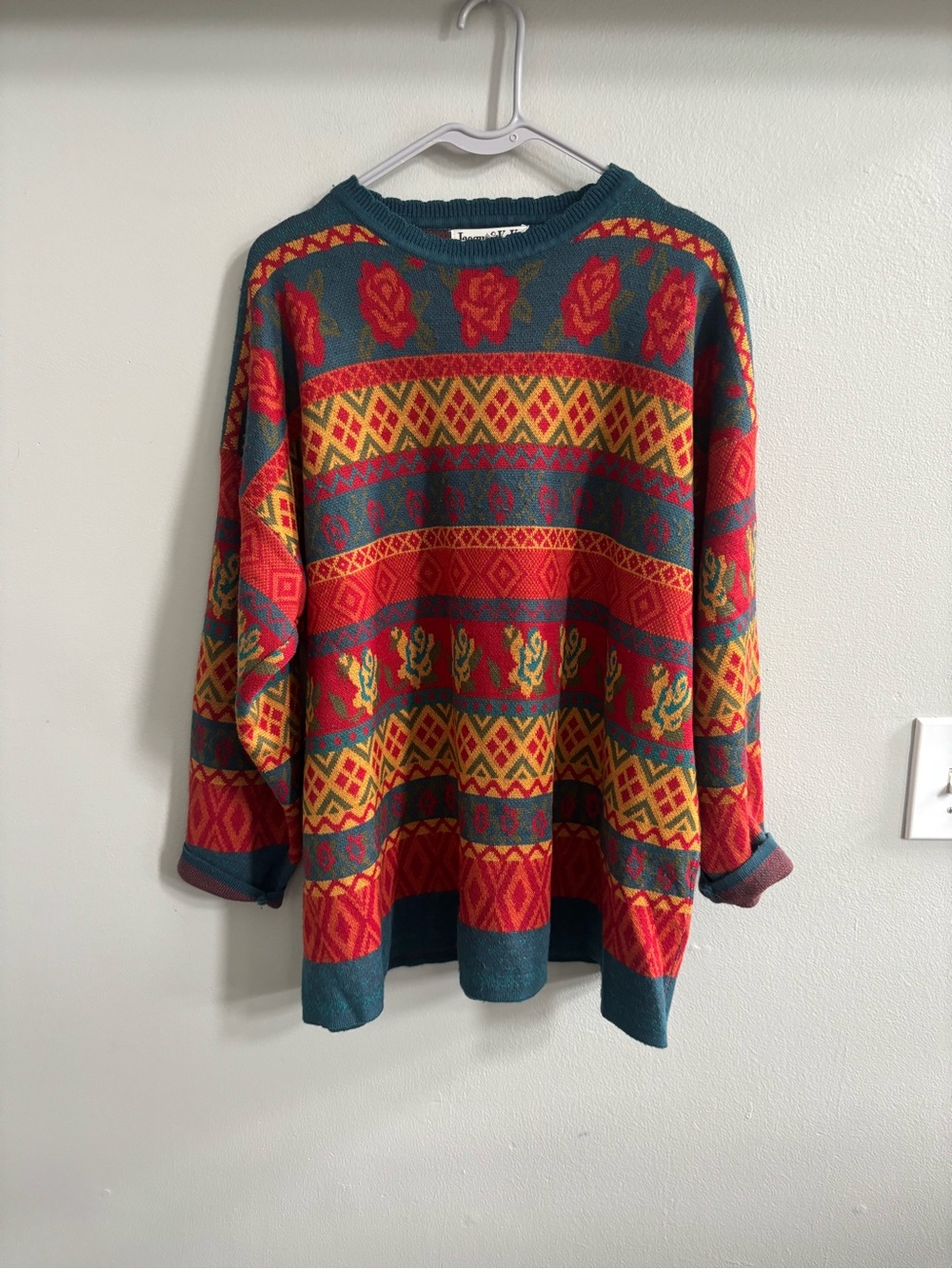 VTG Jacque and KOKO Colorful Patterned Crewneck Sweater - Teal, Red 22/24